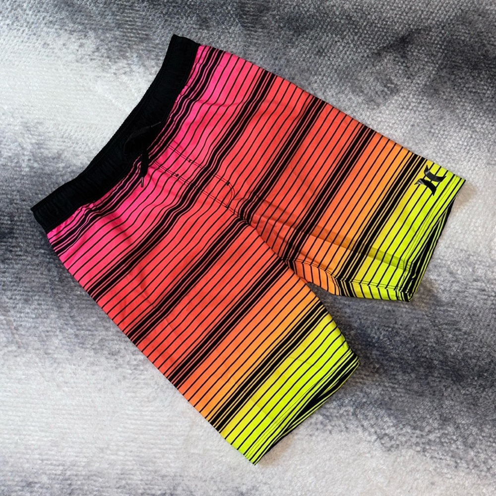 Hurley Neon Striped Mesh Lined Swim Trunks Board Shorts Boys Size 10-12